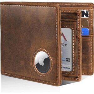 Leather Bifold Wallet AirTag Holder 13 Card RFID
